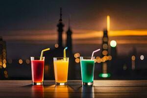 three glasses of juice with a city skyline in the background. AI-Generated photo