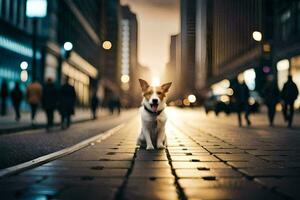 a dog is standing on a street at night. AI-Generated photo