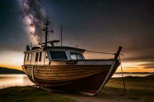 a boat sits on the shore under a starry sky. AI-Generated photo