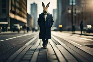 a rabbit wearing a coat and tie walking down a street. AI-Generated photo