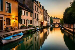 un canal en un ciudad a puesta de sol. generado por ai foto