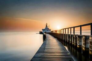 a pier at sunset with a boat in the distance. AI-Generated photo