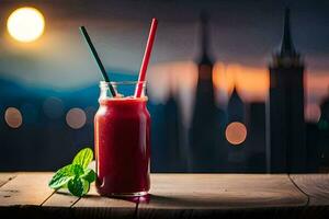 un vaso de rojo jugo con dos pajitas en un mesa en frente de un ciudad horizonte. generado por ai foto