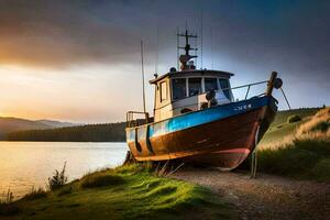 un barco se sienta en el apuntalar a puesta de sol. generado por ai foto