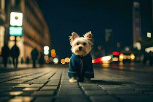 a small dog in a blue jacket standing on a street at night. AI-Generated photo