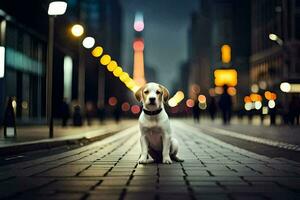 a dog sitting on the street at night. AI-Generated photo