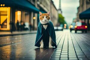 un gato vestido en un smoking en pie en un calle. generado por ai foto