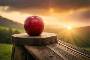 an apple sits on top of a wooden table in front of a sunset. AI-Generated photo