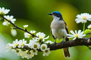 a bird sits on a branch with white flowers. AI-Generated photo