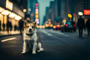 a dog sitting on the street in the middle of a city. AI-Generated photo