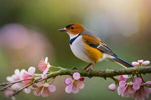 a bird sitting on a branch with pink flowers. AI-Generated photo