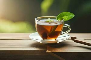 a cup of tea on a wooden table. AI-Generated photo