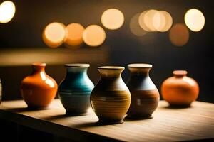 a row of vases on a table. AI-Generated photo