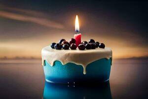un azul cumpleaños pastel con un vela en cima. generado por ai foto