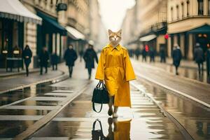 un gato vistiendo un amarillo Saco caminando abajo un calle. generado por ai foto