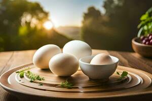 eggs on a wooden cutting board with a sunset in the background. AI-Generated photo