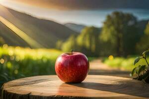 un manzana se sienta en un tocón en frente de un campo. generado por ai foto