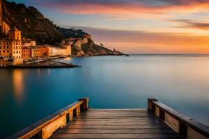 el puesta de sol terminado el mar y edificios en Italia. generado por ai foto