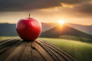 an apple sits on top of a wooden table in front of a sunset. AI-Generated photo