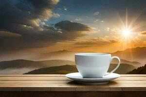 coffee cup on the table with mountains in the background. AI-Generated photo