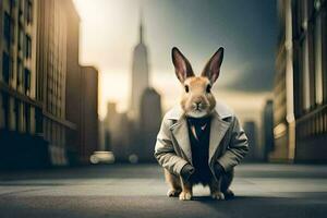 a rabbit wearing a suit and tie in the city. AI-Generated photo