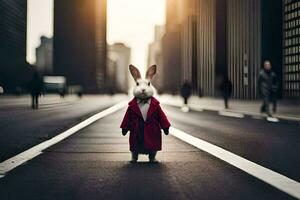 un Conejo vistiendo un rojo Saco en pie en el medio de un ciudad calle. generado por ai foto