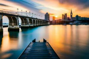 a bridge over water with a city skyline in the background. AI-Generated photo