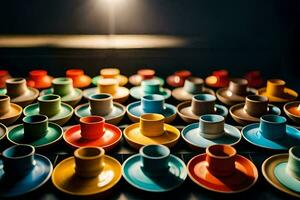 a row of colorful cups and saucers on a table. AI-Generated photo