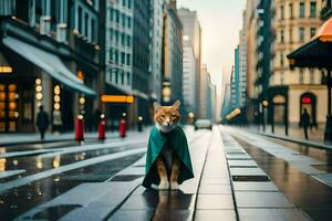 a cat wearing a green cloak on a city street. AI-Generated photo