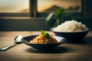 a bowl of rice and a spoon on a table. AI-Generated photo