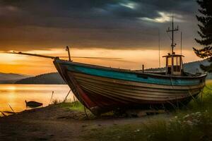 a boat sits on the shore at sunset. AI-Generated photo