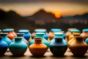 colorful vases are lined up in front of a sunset. AI-Generated photo