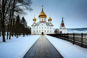 a snowy walkway leads to a church with golden domes. AI-Generated photo