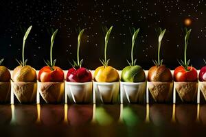 un fila de Fruta en tazas con hojas en a ellos. generado por ai foto