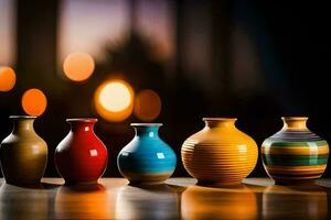 five colorful vases are lined up on a table. AI-Generated photo
