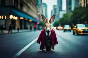 a rabbit dressed in a suit and tie standing on the street. AI-Generated photo