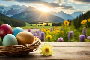 easter eggs in a basket on a table with flowers. AI-Generated photo