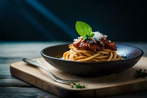 spaghetti with tomato sauce and basil leaves in a bowl. AI-Generated photo