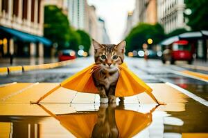 a cat walking on a wet street with an umbrella. AI-Generated photo