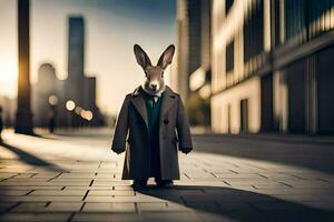 a rabbit dressed in a suit and tie stands on a street. AI-Generated photo