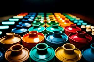 colorful plastic cups are lined up in a row. AI-Generated photo