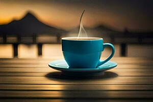 a cup of coffee on a wooden table with a view of the sunset. AI-Generated photo