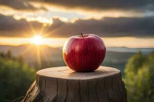 an apple sits on top of a stump with the sun setting behind it. AI-Generated photo