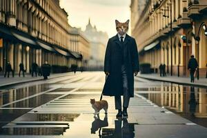 a man in a suit and tie walking with a cat. AI-Generated photo