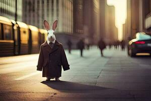 a rabbit wearing a suit and tie standing on a city street. AI-Generated photo
