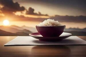 rice in a bowl on a table with mountains in the background. AI-Generated photo