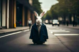 a rabbit dressed in a suit and tie standing on the street. AI-Generated photo