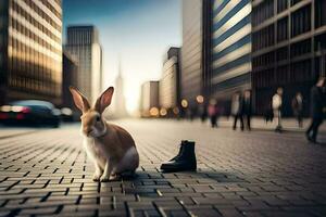 a rabbit is sitting on the ground in front of a shoe. AI-Generated photo