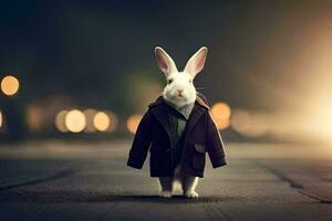 a rabbit wearing a coat and tie standing on a street. AI-Generated photo