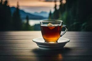 un taza de té en un mesa en frente de un montaña. generado por ai foto